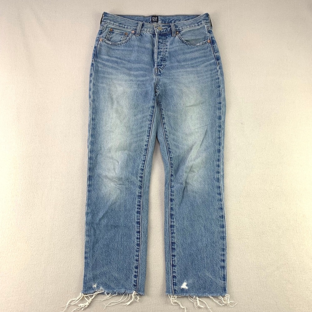 Gap Denim Boyfriend Straight Jeans Womens 4/27 Blue Frayed Hem Distressed Cotton